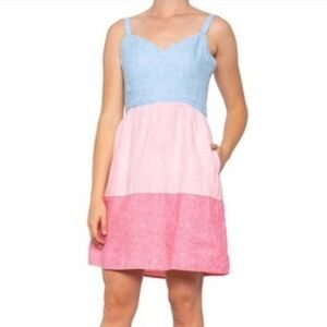 Cynthia Rowley 100% Linen Pink & Blue Chambray Color Block Tiered Sundress